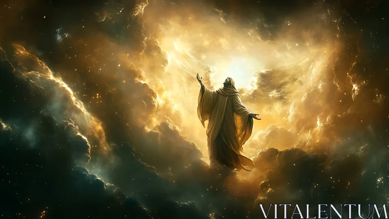 Robe-clad winged figure ascends within luminous nebula