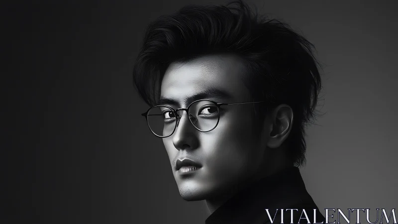 Moody monochrome portrait of man with reflective glasses.