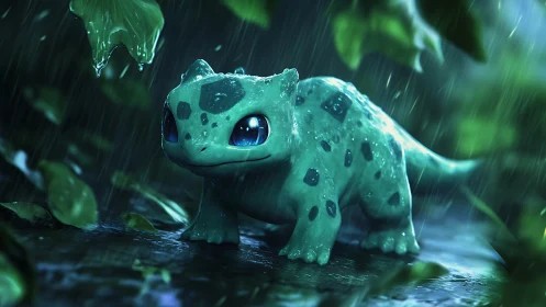 Gentle blue-eyed creature enjoying a soft forest rain shower.