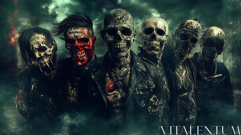 Undead leather-clad skull gang in toxic emerald fogscape.