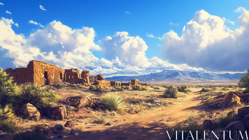 Desert ruins glow under towering clouds and distant mountains