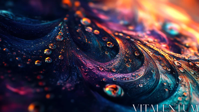 Macro view isolates liquid droplets on multicolored surface