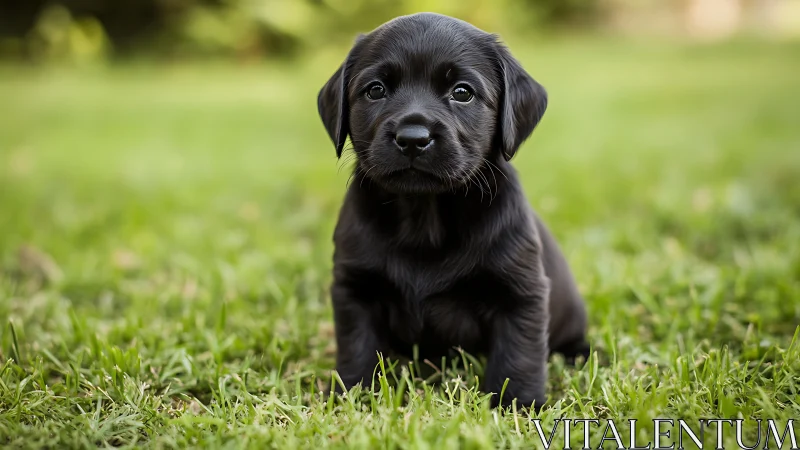 Small black labrador puppy on vivid green lawn at dusk.