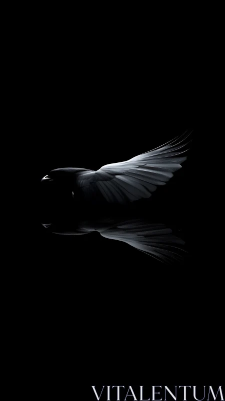 Monochrome side profile of bird in flight on black field