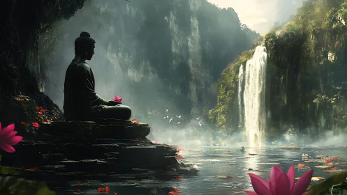 Peaceful Buddha by a misty waterfall in a hidden valley.