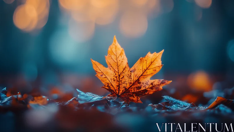 Single maple leaf on wet ground with blurred lights behind.