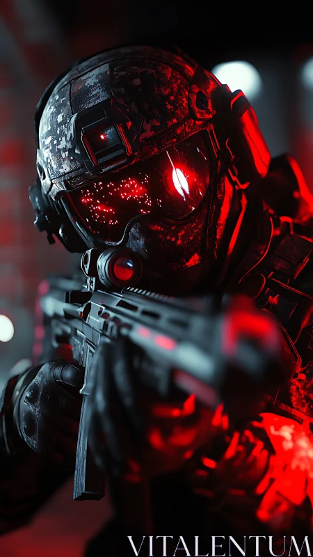 Armored tactical soldier aims rifle under red neon light.