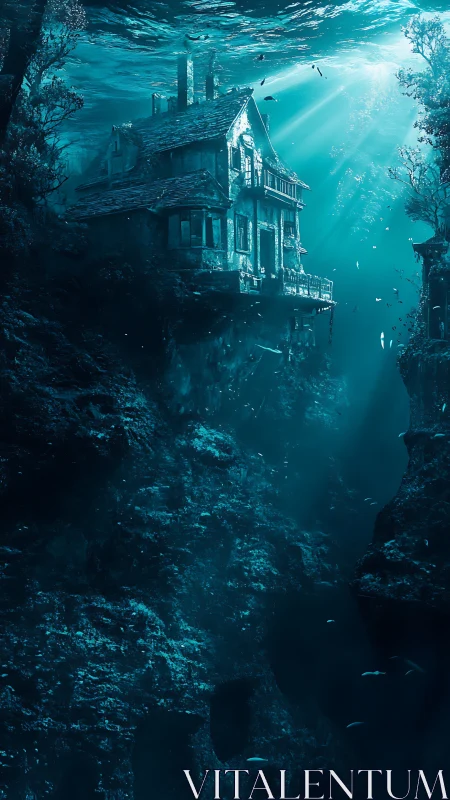 Submerged cliffside house rendered in moody cyan volumetric light