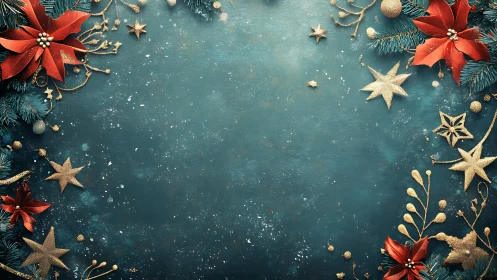 Christmas border with red poinsettias on teal background.