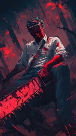 Masked bloodied figure with chainsaw in dark forest scene.