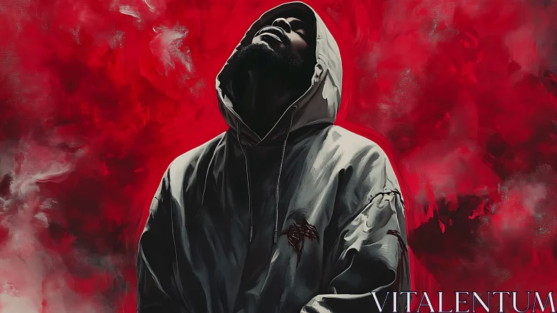 Hooded figure in gray jacket against intense red backdrop.