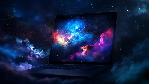 Open laptop against starry sky with vivid cosmic display.