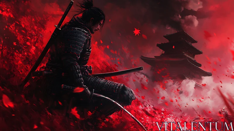 Wounded samurai kneels amid crimson battlefield turmoil.