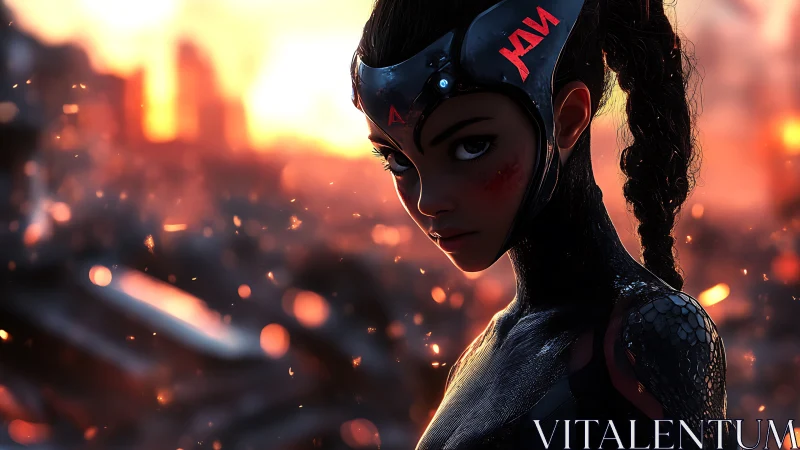 Cybernetic warrior in ember‑lit ruins with high contrast specular highlights