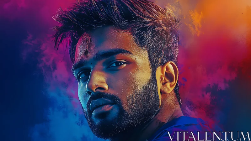 Neon-lit portrait burns through clouds of electric color.