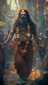Hindu holy man walking in floral street procession scene.
