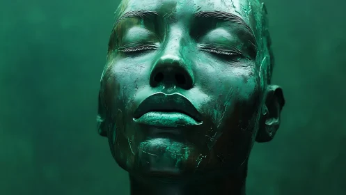 Serene emerald face in quiet, meditative close-up glow.