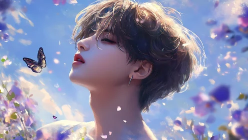 Ethereal portrait with butterfly in luminous floral skyscape.