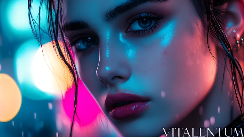 Neon-lit portrait captures intense gaze in cinematic rain.