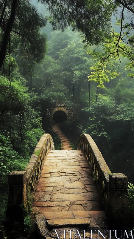 Stone footbridge leading to tunnel in dense forest setting.