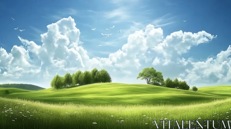 Layered cumulus sky over luminous grassy hills with clustered trees