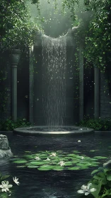Secret ivy-wrapped waterfall garden with quiet lily pond.