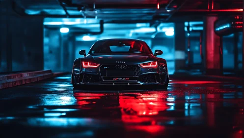 Sleek sports car glows in dramatic red and blue city lights