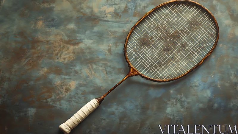 Vintage badminton racket lies on textured blue studio backdrop.