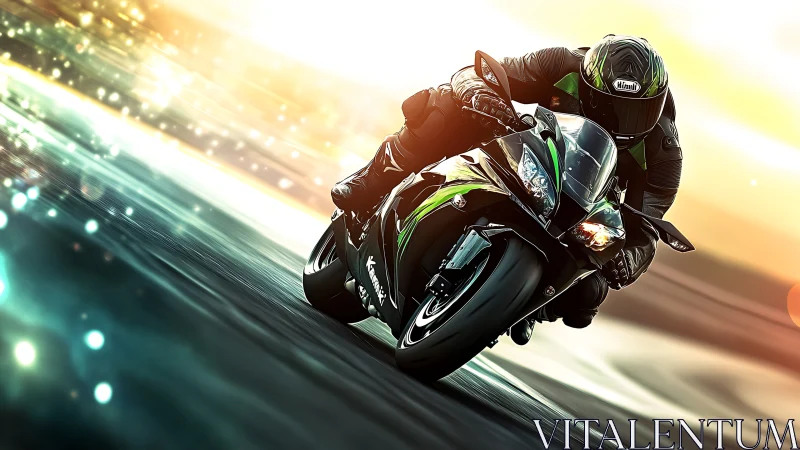 Neon-etched superbike devouring sunset-slick asphalt corners.