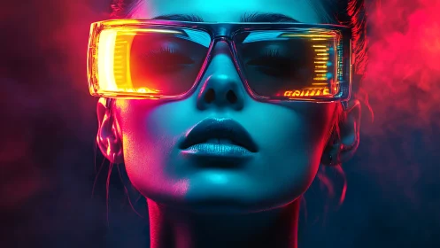 Neon-drenched cyber muse in luminous futuristic visor glow.