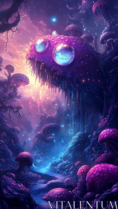 Bioluminescent alien forest reveals colossal mushroom sentinel