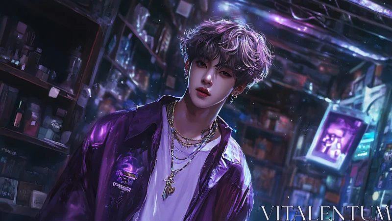 Neon-lit youth stands in moody cyberpunk alleyway at night.