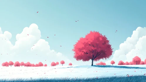 Single pink tree stands serene in stylized pastel meadow.