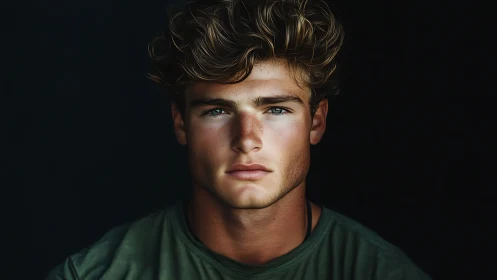 Sunlit gaze of a thoughtful young man against deep shadow.