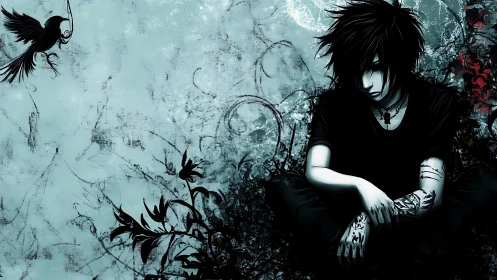 Brooding anime boy in inky blue solitude with gentle mystery.