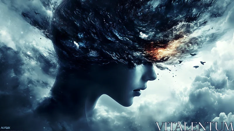 Surreal female profile merges with stormy sky and cosmic cloudflow