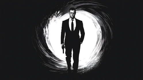 Suit-clad shadow strides from swirling monochrome vortex