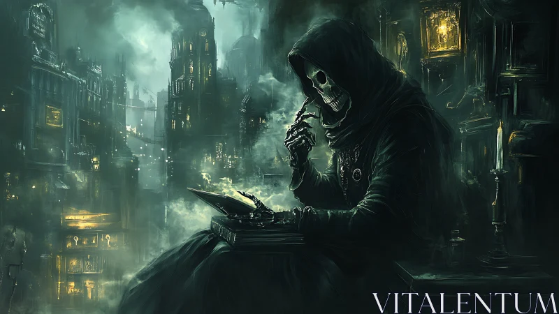 Hooded skeletal scribe writes in misty gothic megacity