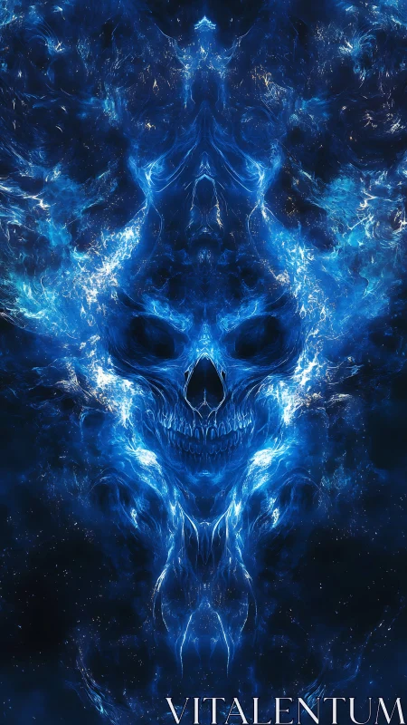 Symmetrical blue energy pattern forms central skull motif