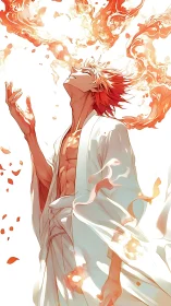 Fiery robed figure exhales ascending flames in dynamic anime style