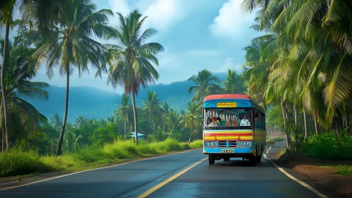 Regional bus on palm-lined rural road in humid landscape.