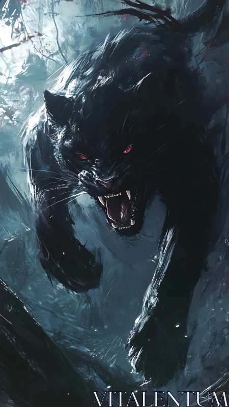 Ferocious Black Panther with Crimson Eyes Snarling.