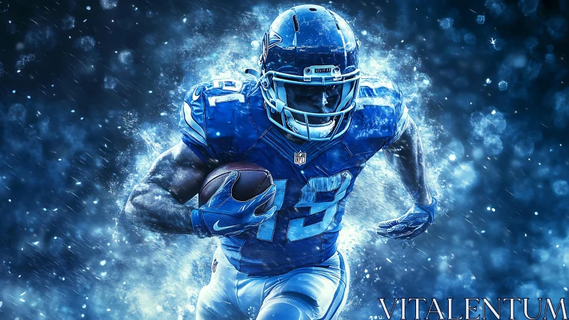 Gridiron player running through stylized blue particle field.