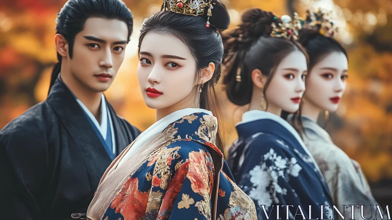 Autumn courtiers trade quiet glances beneath painted silks