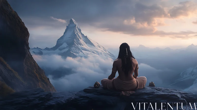 Mystic sage meditating before snowcapped mountain peak.
