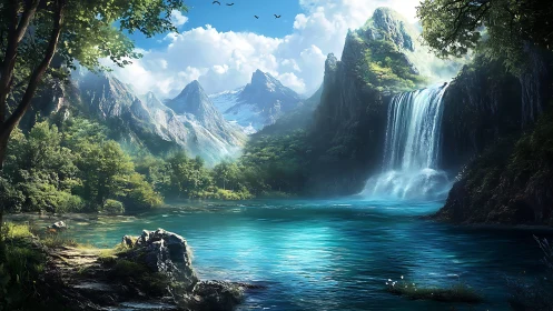 Tranquil waterfall sanctuary with glowing turquoise lake.
