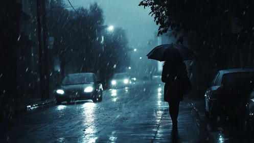 Pedestrian with umbrella on wet urban street at night.