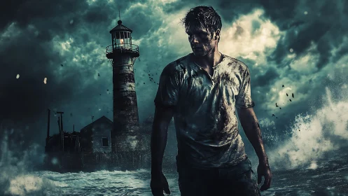 Storm-battered survivor before lighthouse in cinematic digital tempest.