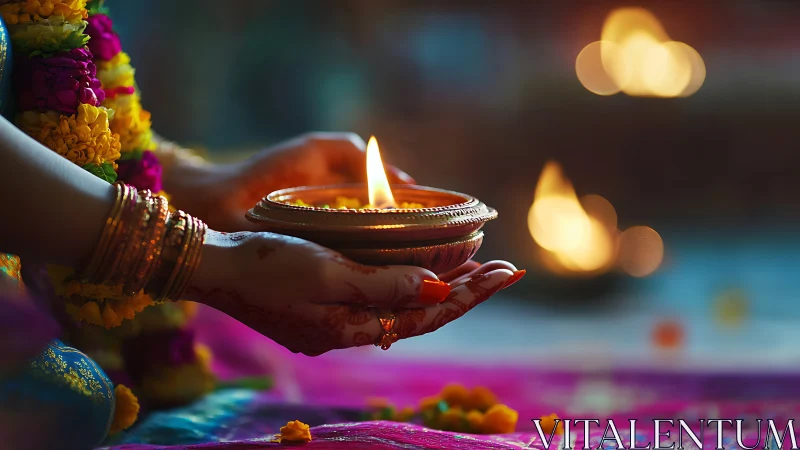 Hands hold a lit clay oil lamp during a focused ritual