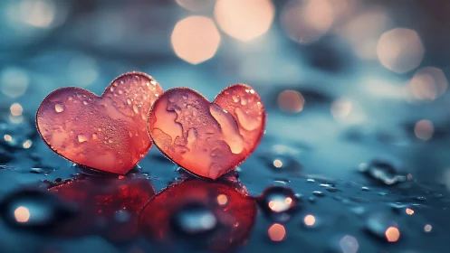 Two Red Glass Hearts with Water Droplets on Blue Surface.